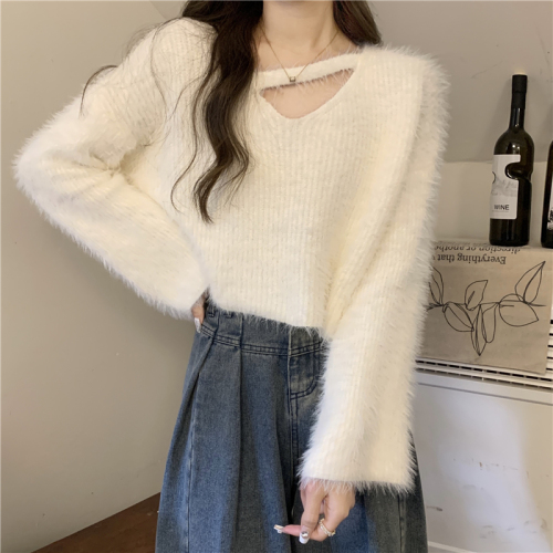 Actual shot of autumn and winter Korean style gentle style imitation mink fur soft and waxy lazy temperament trumpet sleeve short sweater