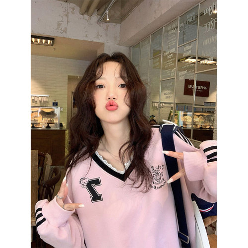 Original quality Korean loose casual sweatshirt autumn new lace contrast long-sleeved striped top