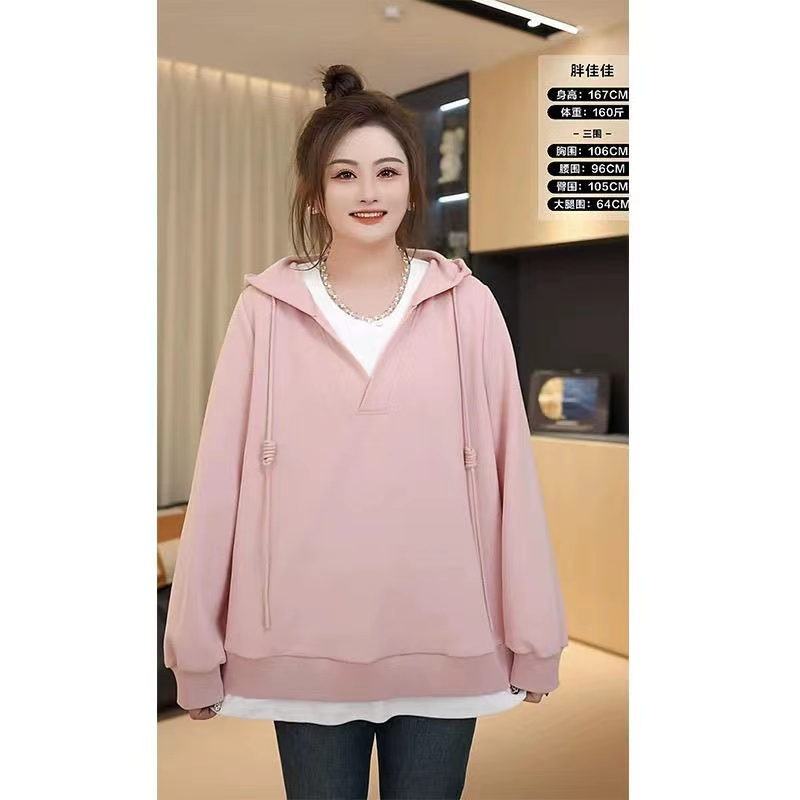 Large size fake two-piece hooded sweatshirt for women 2024 autumn and winter new fat mm niche loose slimming plus velvet thickened top