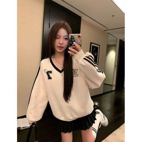 Original quality Korean loose casual sweatshirt autumn new lace contrast long-sleeved striped top