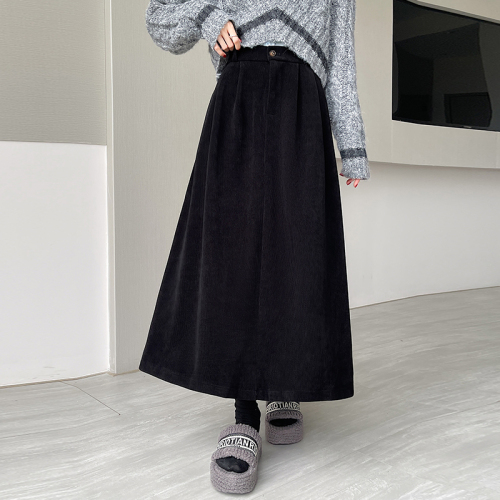 Real shot of college style high-waisted corduroy skirt for women 2024 autumn new A-line mid-length skirt