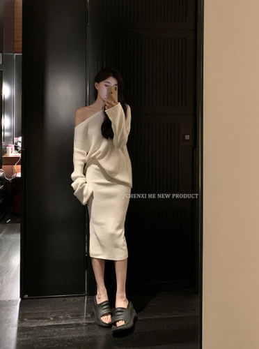 He Chenxi miu style lazy pure desire contains 30 wool one-shoulder sweater long and short skirt knitted suit for women