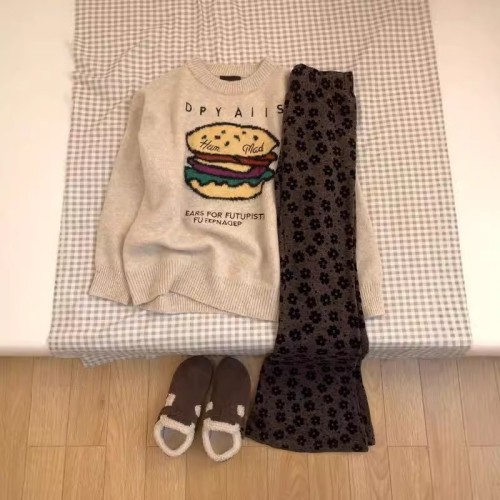 Funny hamburger embroidered knitting top 2024 new versatile soft and fluffy lazy autumn turtleneck sweater for women in winter