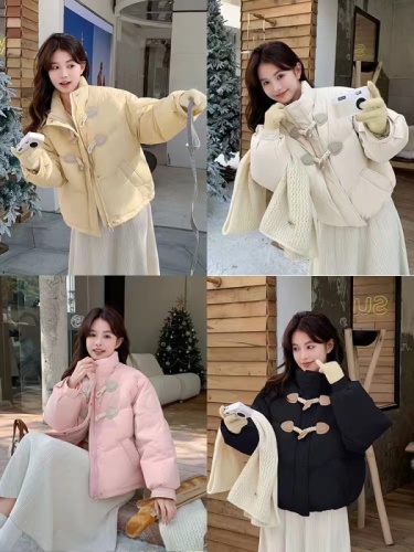 2024 Korean style bestie style Korean style down jacket for women short mid-length horn button loose college style cotton jacket