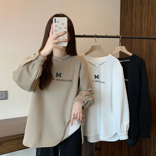 Actual shot of 380g Chinese cotton composite sweatshirt for women in autumn and winter plus velvet thick round neck raglan sleeve tops for women plus size