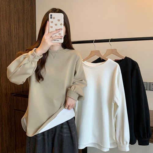 Actual shot of 380g Chinese cotton composite sweatshirt for women in autumn and winter plus velvet thick round neck raglan sleeve tops for women plus size