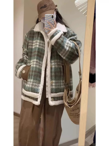 Japanese retro plaid design niche woolen coat women's winter loose thickened lamb wool woolen coat trendy