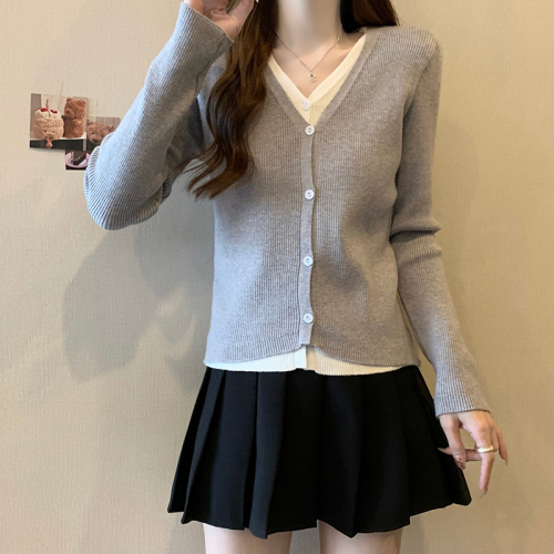 Real shot core-spun yarn long-sleeved top knitted sweater fake two-piece short slim-fitting bottoming shirt women's autumn and winter warm sweater