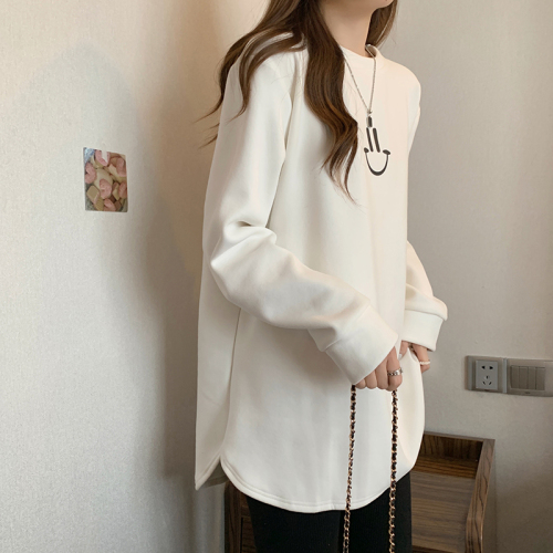 Actual shot of 400g Chinese cotton composite sweatshirt for women in autumn and winter plus velvet and thickened cartoon round neck top for women plus size