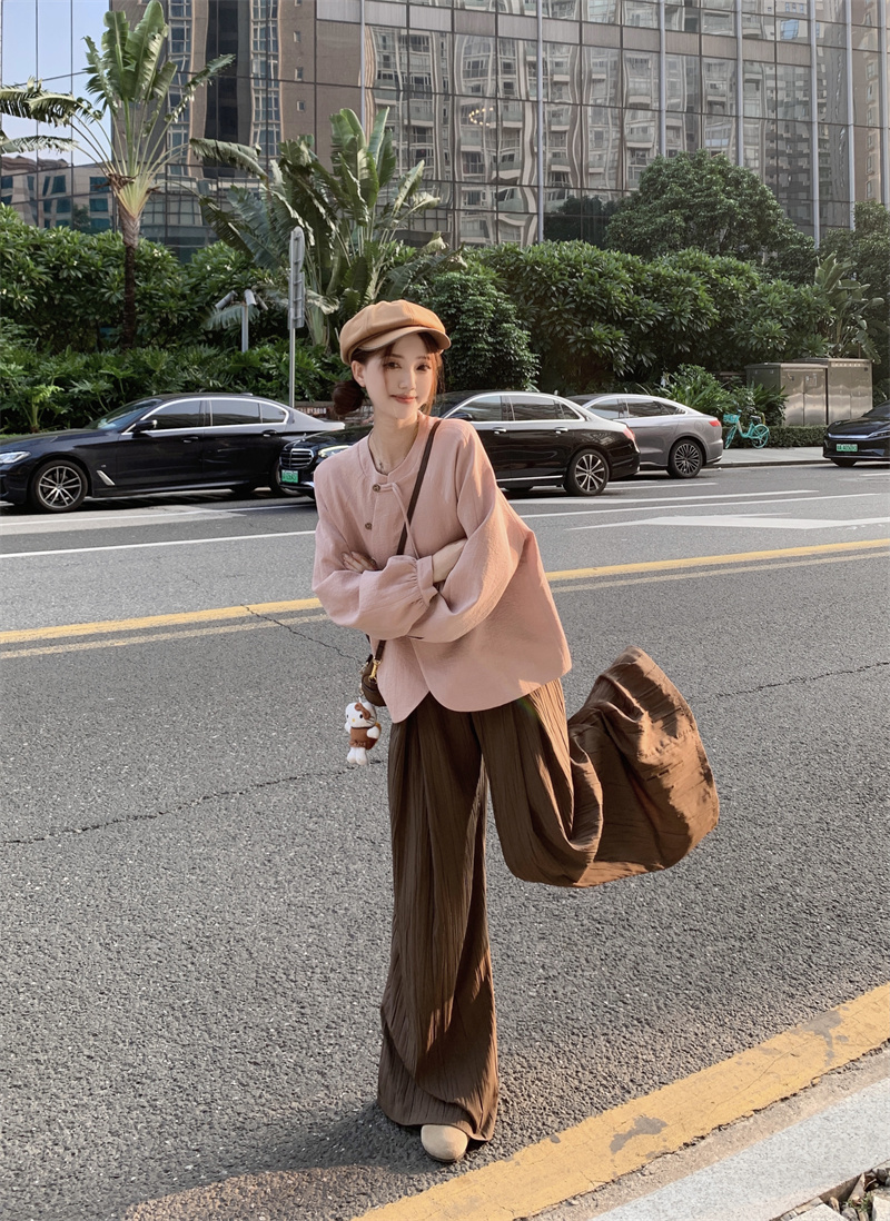 Photographed New Chinese Style Autumn Retro Curved Door Design Sensory Loose Jacket + Wide Leg Long Pants Set