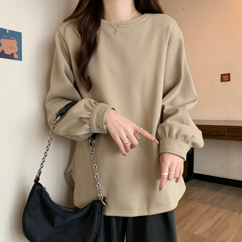 Actual shot of 380g Chinese cotton composite sweatshirt for women in autumn and winter plus velvet thick round neck raglan sleeve tops for women plus size