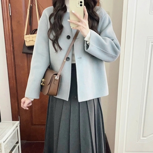 High-end light luxury blue woolen coat women's autumn and winter new Korean style small casual short woolen coat