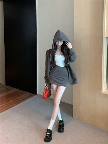 Real shot!  Korean long-sleeved hooded sweatshirt suit women's jacket hip-covering skirt two-piece set