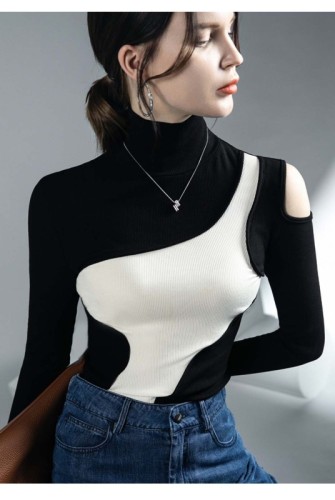 Ribbed inner wear new long-sleeved black and white patchwork top for women