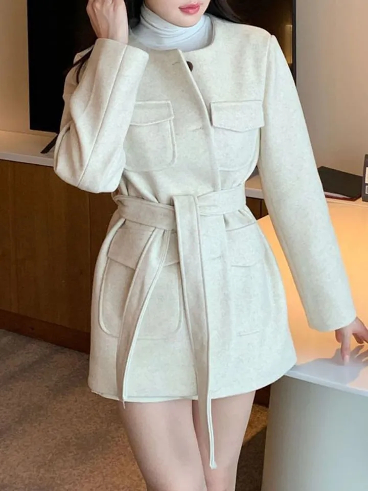 chic Korean style winter fashion retro pocket round neck single breasted lace-up waist woolen coat