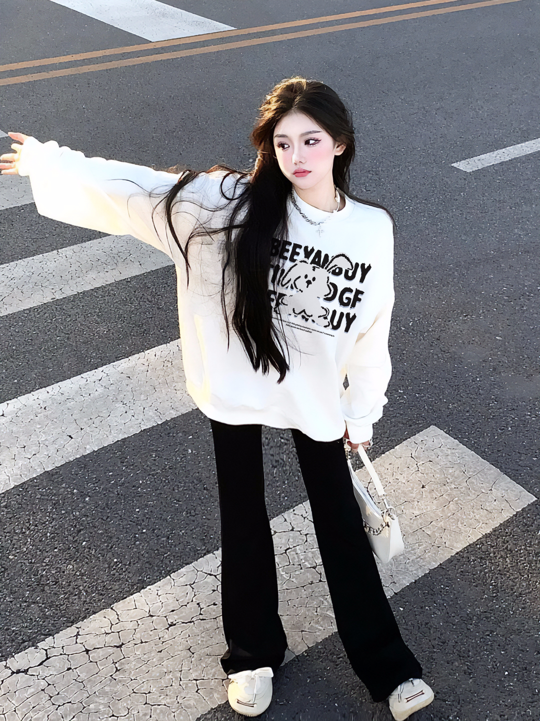 Official image 250g fleece-lined / David-style round neck winter women's sweatshirt