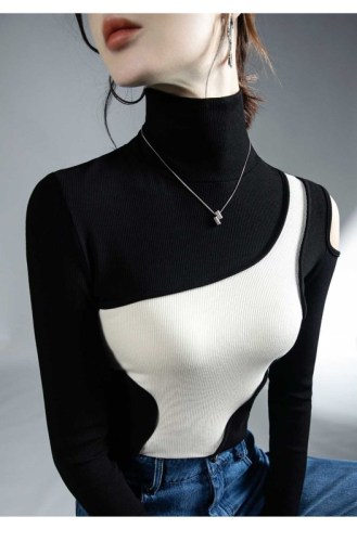 Ribbed inner wear new long-sleeved black and white patchwork top for women