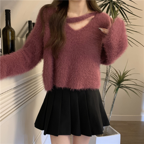 Actual shot of autumn and winter Korean style gentle style imitation mink fur soft and waxy lazy temperament trumpet sleeve short sweater