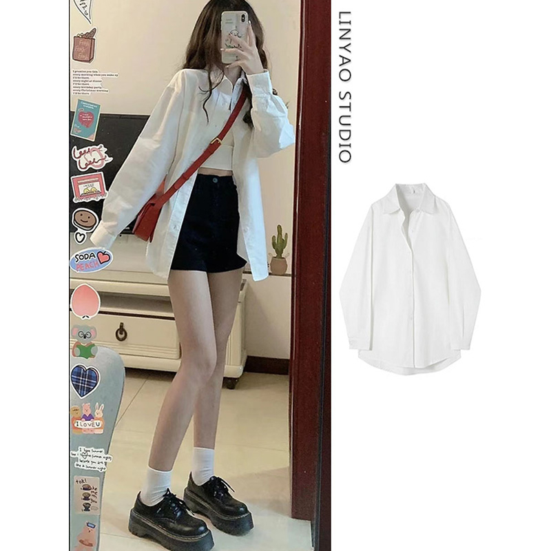 Korean Style Casual Long-Sleeve Shirt Jacket for Women Loose Fit Versatile Polo Collar Commute Student Spring and Autumn White Top Cardigan
