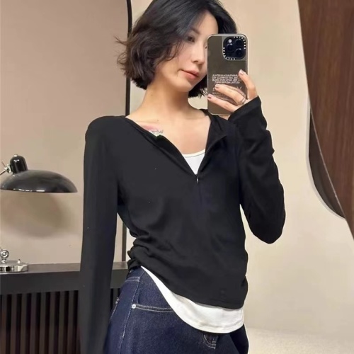 2024 new autumn fashion stitching contrasting color long-sleeved T-shirt women's fake two-piece slimming bottoming shirt top