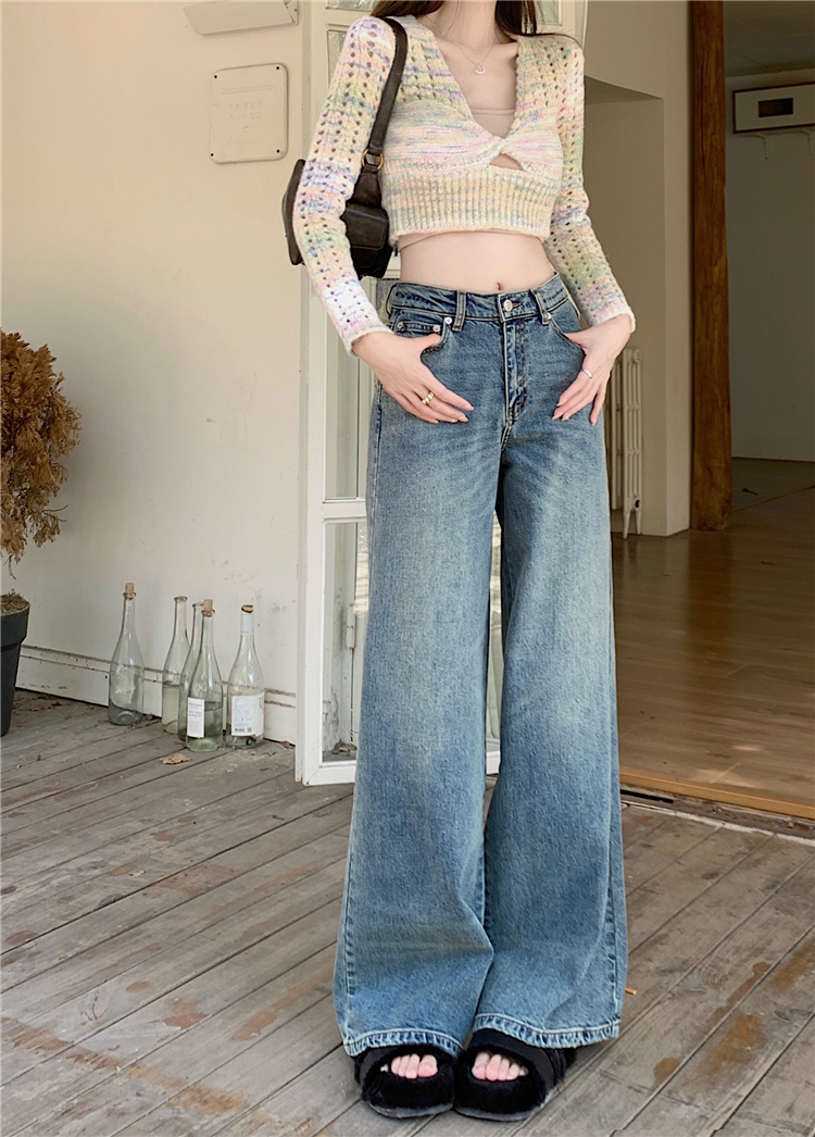 Real shot!  Retro high-waisted straight-leg jeans for women, new distressed wide-leg pants, loose floor-length pants, trendy