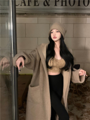 Real shot!  New autumn and winter soft waxy sweater women's coat loose lazy style sheepskin wool hooded coat