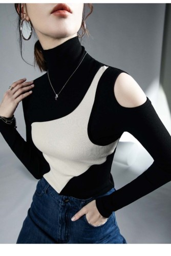 Ribbed inner wear new long-sleeved black and white patchwork top for women