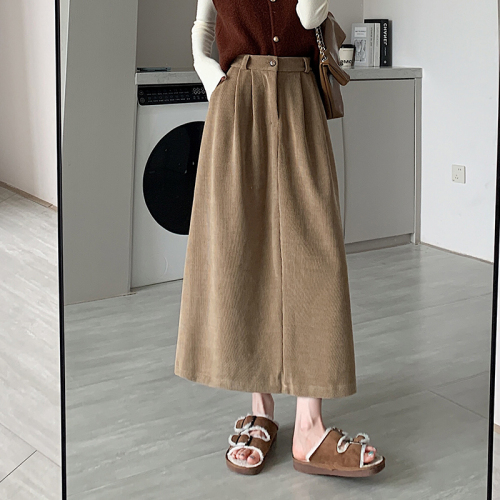 Real shot of college style high-waisted corduroy skirt for women 2024 autumn new A-line mid-length skirt