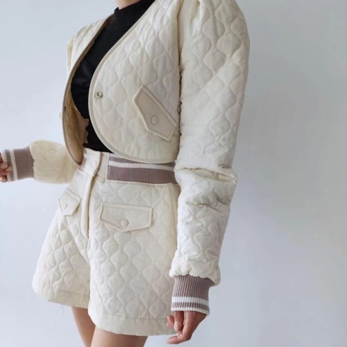 Korean Dongdaemun French sweet diamond embossed quilted short cotton coat jacket + shorts set for women