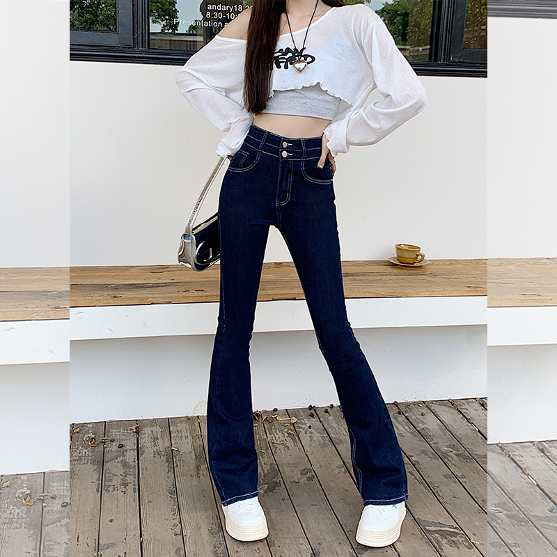 Actual shot of micro-flared pants for women 2024 autumn new high-waisted slimming topstitched stretch jeans trendy floor-length trousers