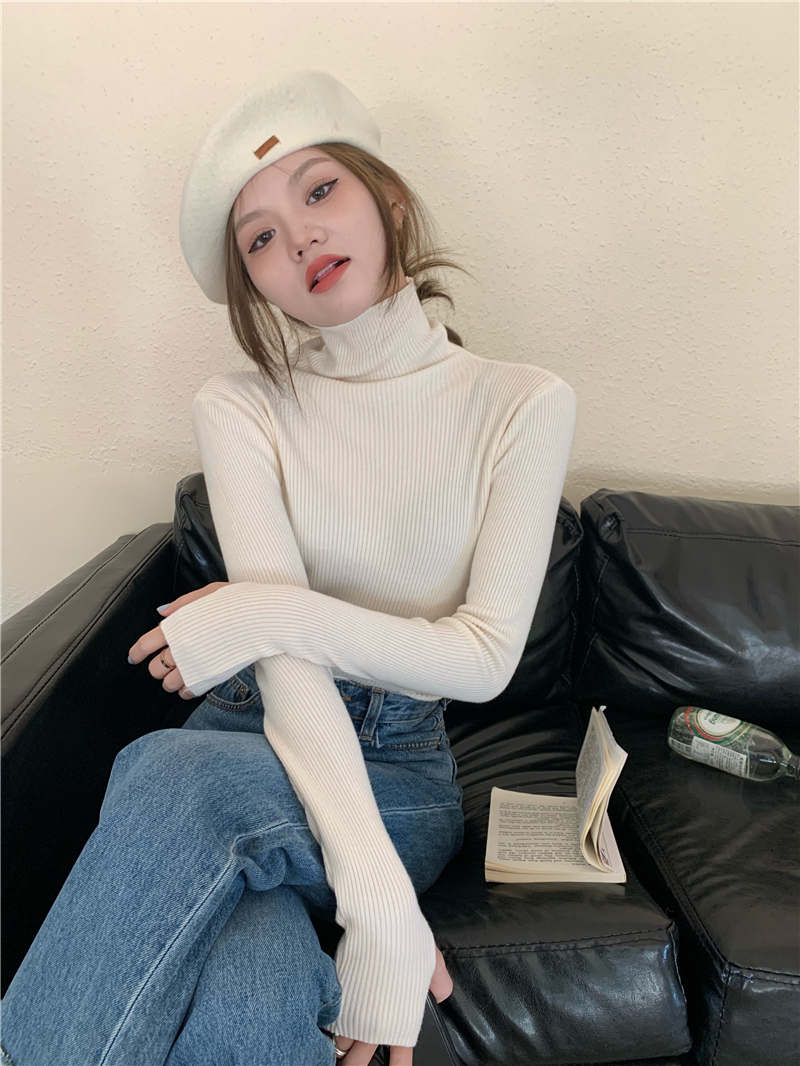 Actual shot of versatile high-necked hollow design multi-color bottoming sweater