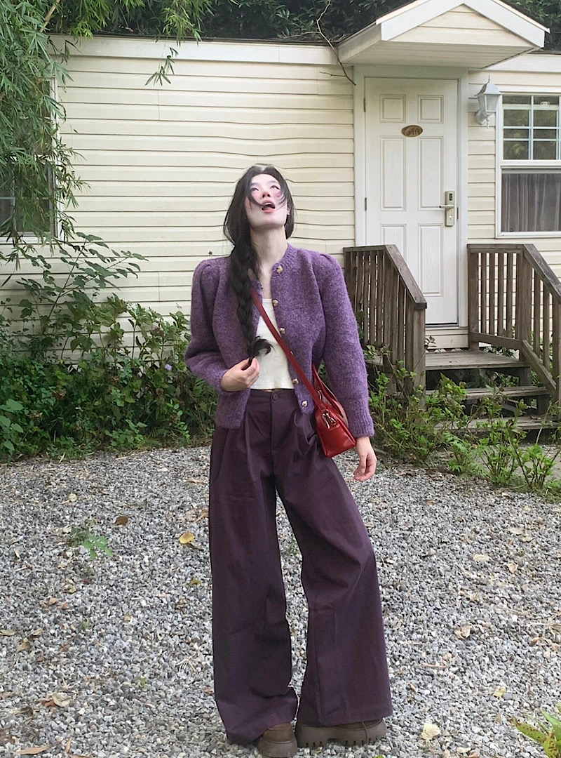 Hand-painted Love Purple Knit Cardigan + High-Waist Floor-Length Casual Wide-Leg Trousers