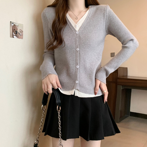 Real shot core-spun yarn long-sleeved top knitted sweater fake two-piece short slim-fitting bottoming shirt women's autumn and winter warm sweater