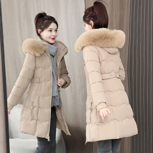 Down cotton mother winter coat thickened waist small slimming 2024 women's large fur collar cotton coat mid-length