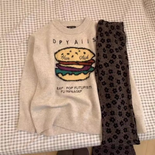 Funny hamburger embroidered knitting top 2024 new versatile soft and fluffy lazy autumn turtleneck sweater for women in winter