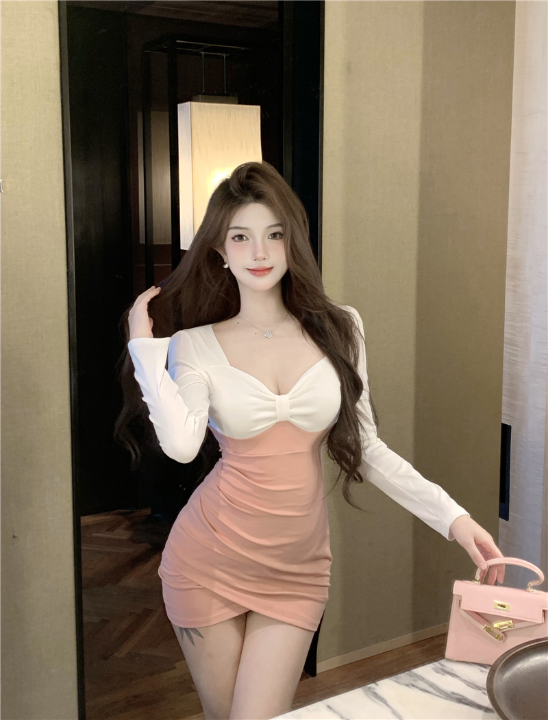 Photographed~ New Autumn Pure Desire Spicy Girl Fitted Waist Slimming Color Blocking Splicing Petite Short Skirt