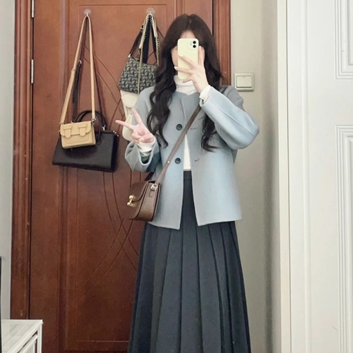 High-end light luxury blue woolen coat women's autumn and winter new Korean style small casual short woolen coat