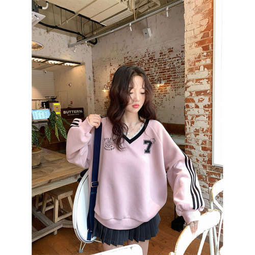 Original quality Korean loose casual sweatshirt autumn new lace contrast long-sleeved striped top