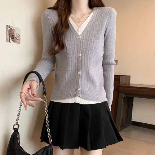 Real shot core-spun yarn long-sleeved top knitted sweater fake two-piece short slim-fitting bottoming shirt women's autumn and winter warm sweater