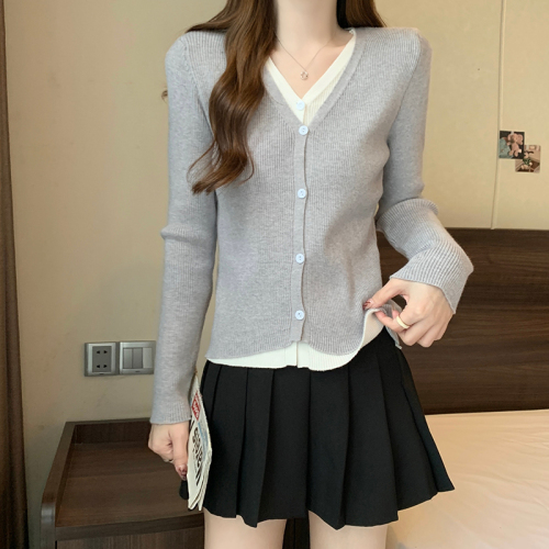 Real shot core-spun yarn long-sleeved top knitted sweater fake two-piece short slim-fitting bottoming shirt women's autumn and winter warm sweater