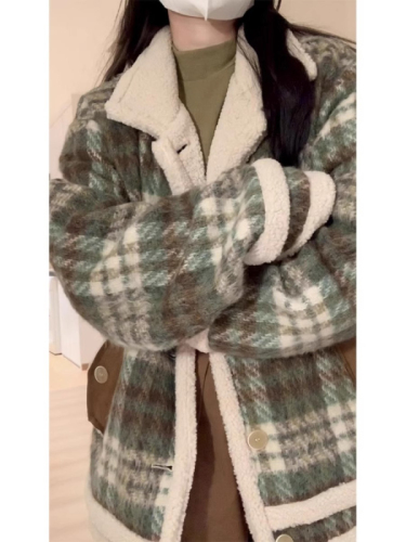 Japanese retro plaid design niche woolen coat women's winter loose thickened lamb wool woolen coat trendy