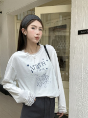 Real shot!  Korean style sweet design niche lace splicing printed long-sleeved T-shirt versatile slimming top