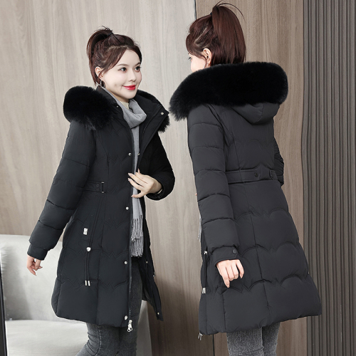 Down cotton mother winter coat thickened waist small slimming 2024 women's large fur collar cotton coat mid-length