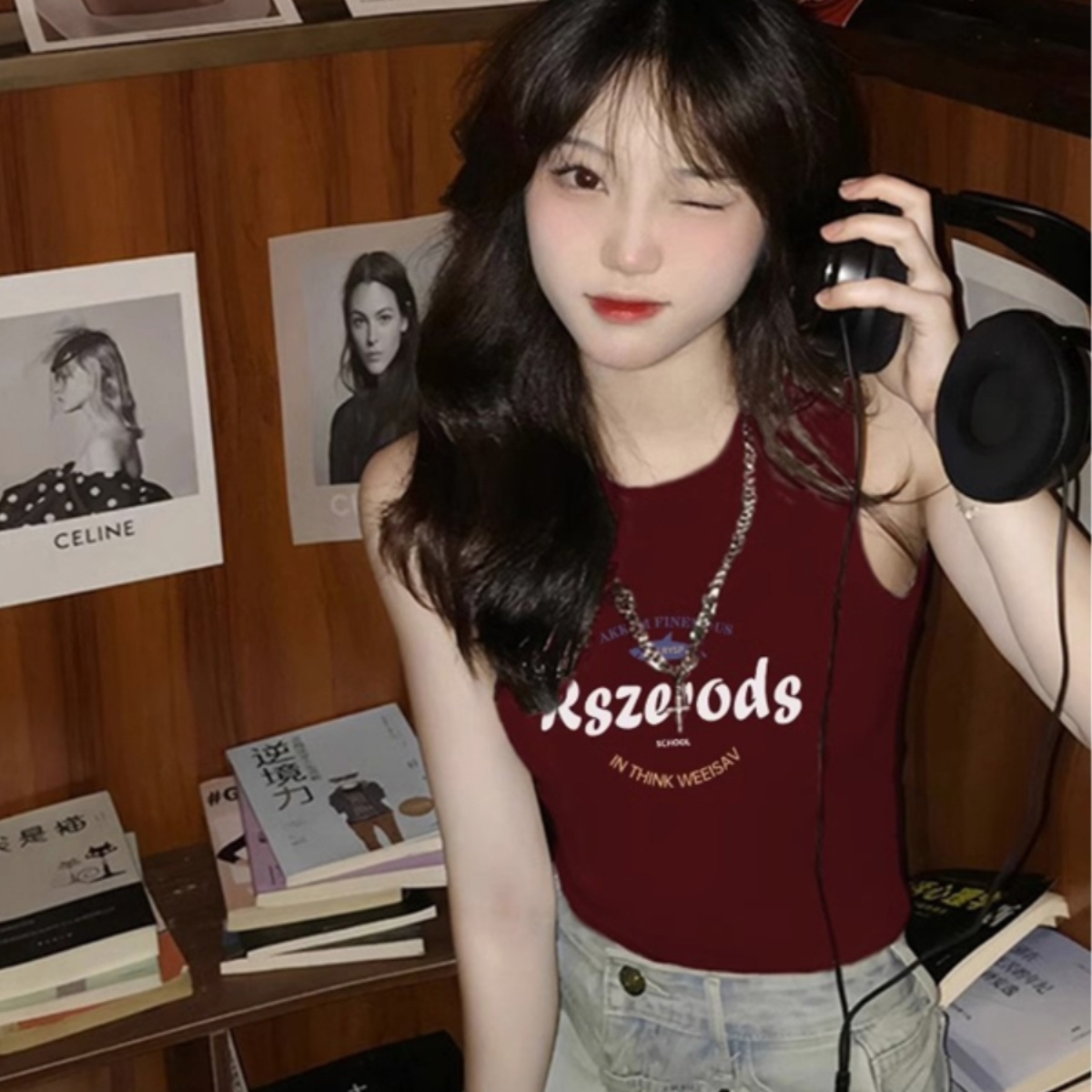 Street Sweet and Cool Hot Girl Slim Slim Vest Women's Summer Burgundy Printed Short Top Sleeveless T-Shirt
