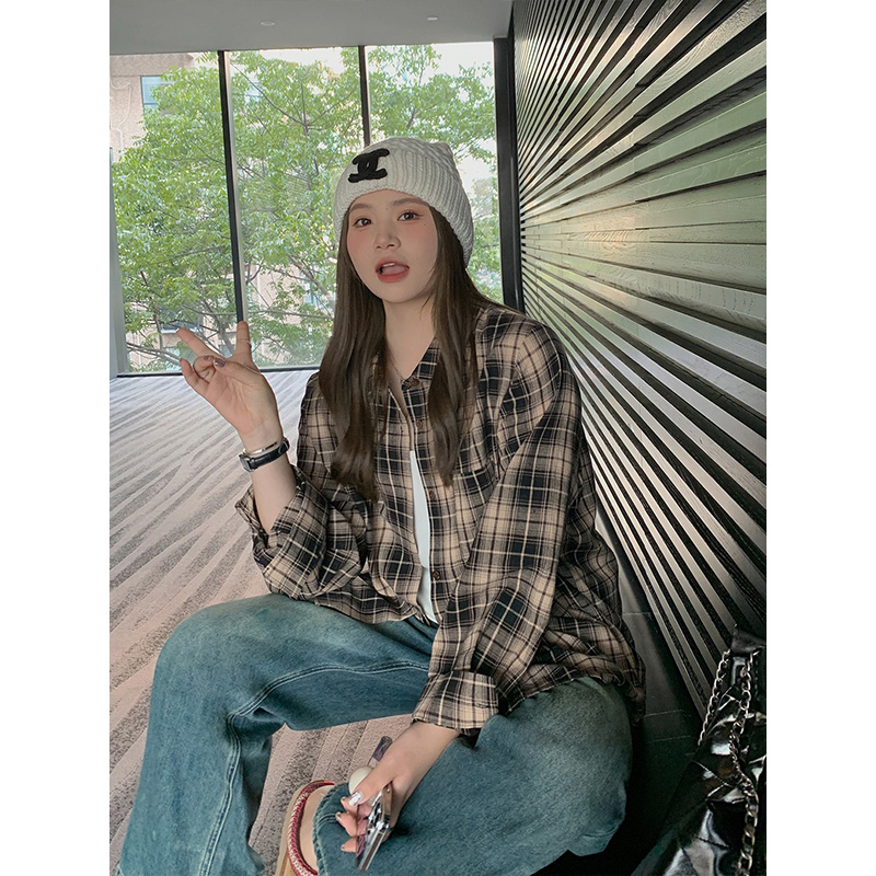 春秋美式格子襯衫外套女疊穿復古外搭寬鬆慵懶美拉德翻領長袖上衣