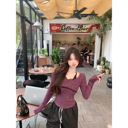 Real shot of Yuzi Tiancha fake two-piece halterneck lace long-sleeved T-shirt for women plush bottoming knitted top