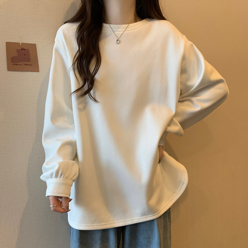 Actual shot of 380g Chinese cotton composite sweatshirt for women in autumn and winter plus velvet thick round neck raglan sleeve tops for women plus size