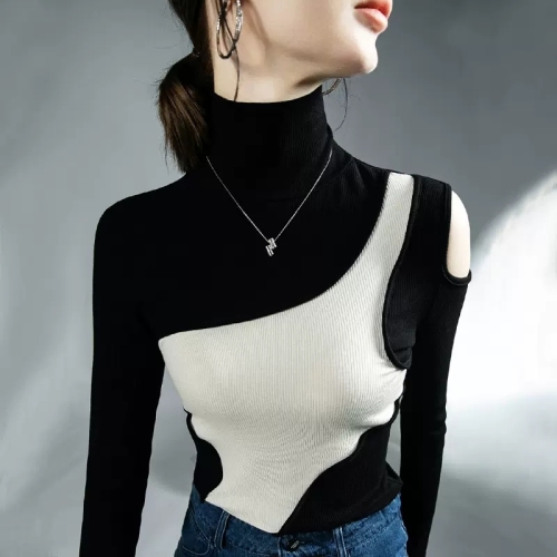 Ribbed inner wear new long-sleeved black and white patchwork top for women