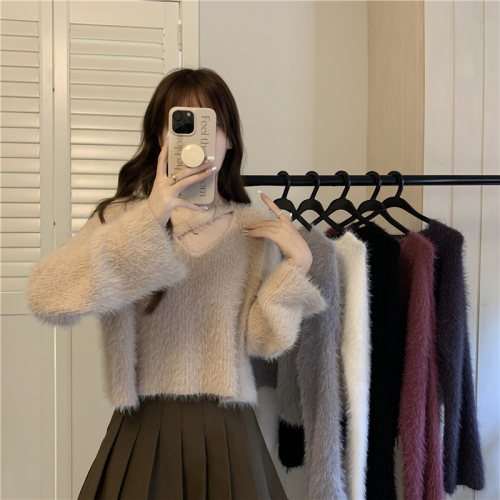 Actual shot of autumn and winter Korean style gentle style imitation mink fur soft and waxy lazy temperament trumpet sleeve short sweater