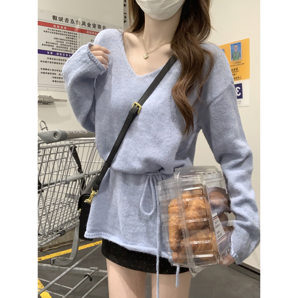 實拍 秋冬韓版v領溫柔馬海毛顯瘦收腰系帶中長針織打底上衣女